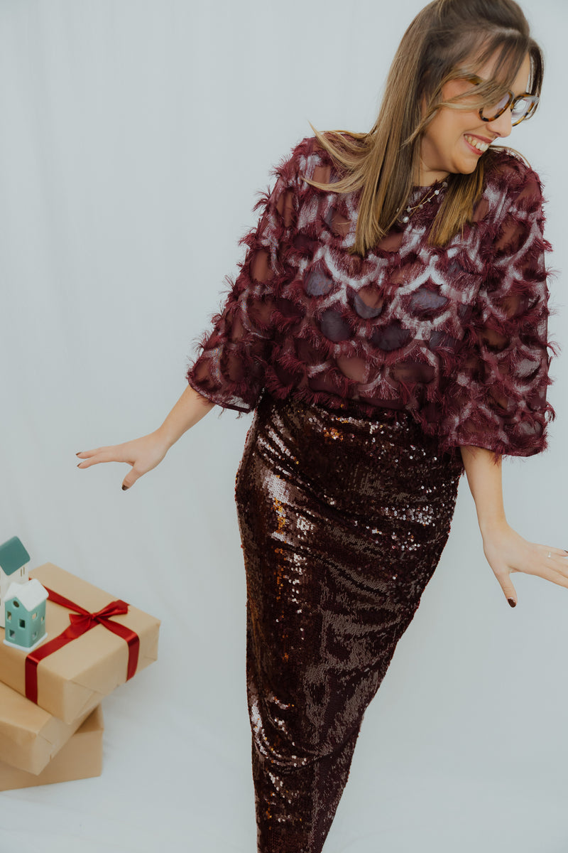 YASROYALINA  SEQUIN ANKLE SKIRT paillet bordeaux